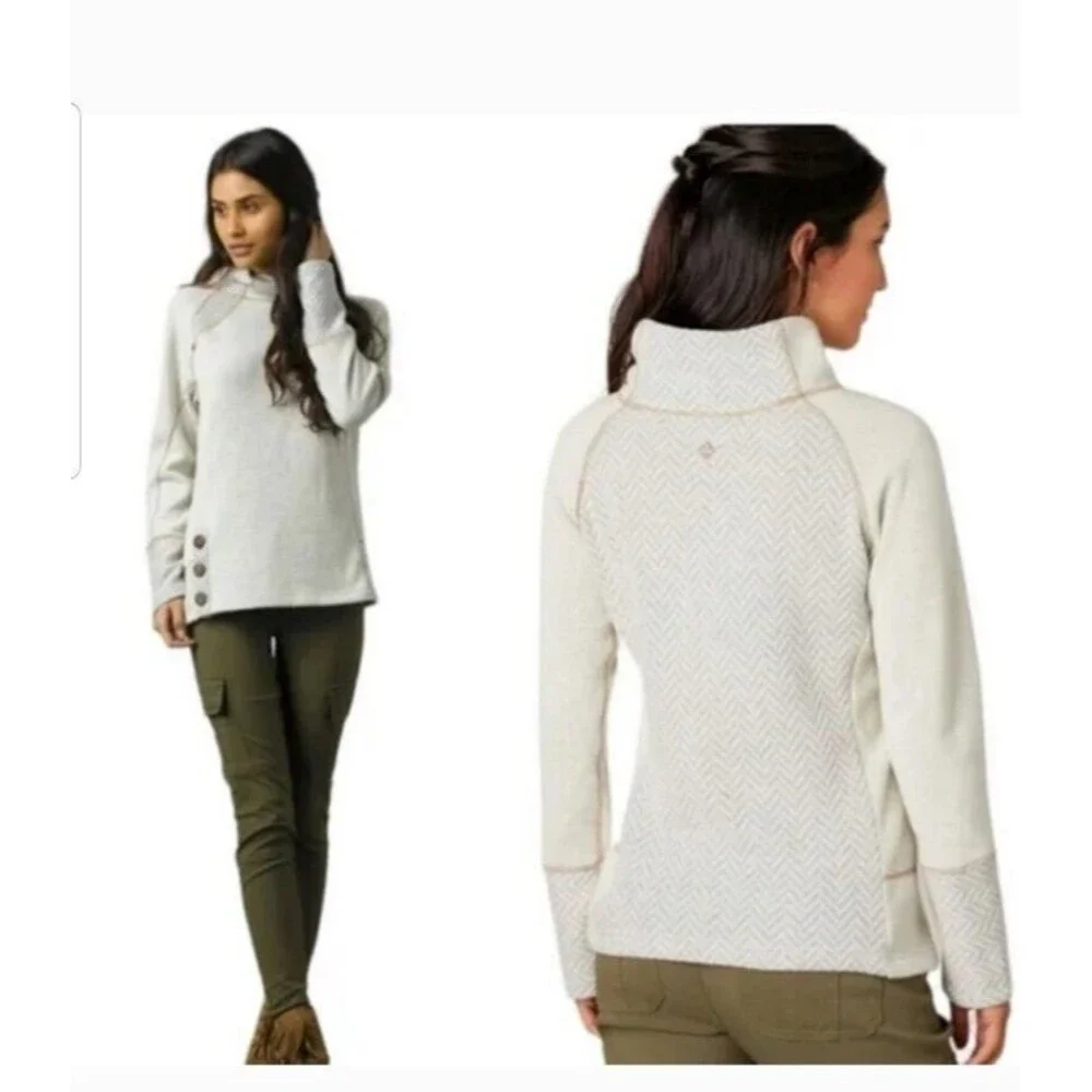 PrAna Lucia Sweater Womens XS Gray Wool Knit Pullover Buttons Cinch Funnel Neck
